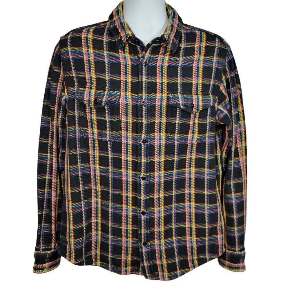 Outerknown Blanket Shirt Mens Large Black Rainbow Plaid Organic‎ Cotton Shacket